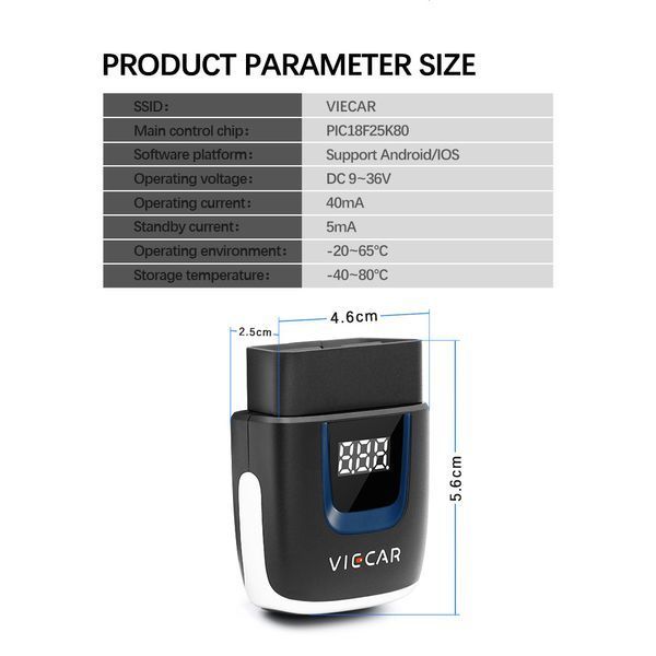 Автосканер Viecar VP001 v2.2 OBD2 Bluetooth 4.0 с чипом PIC18F25K80 для Android/iOS/Windows B0075 фото